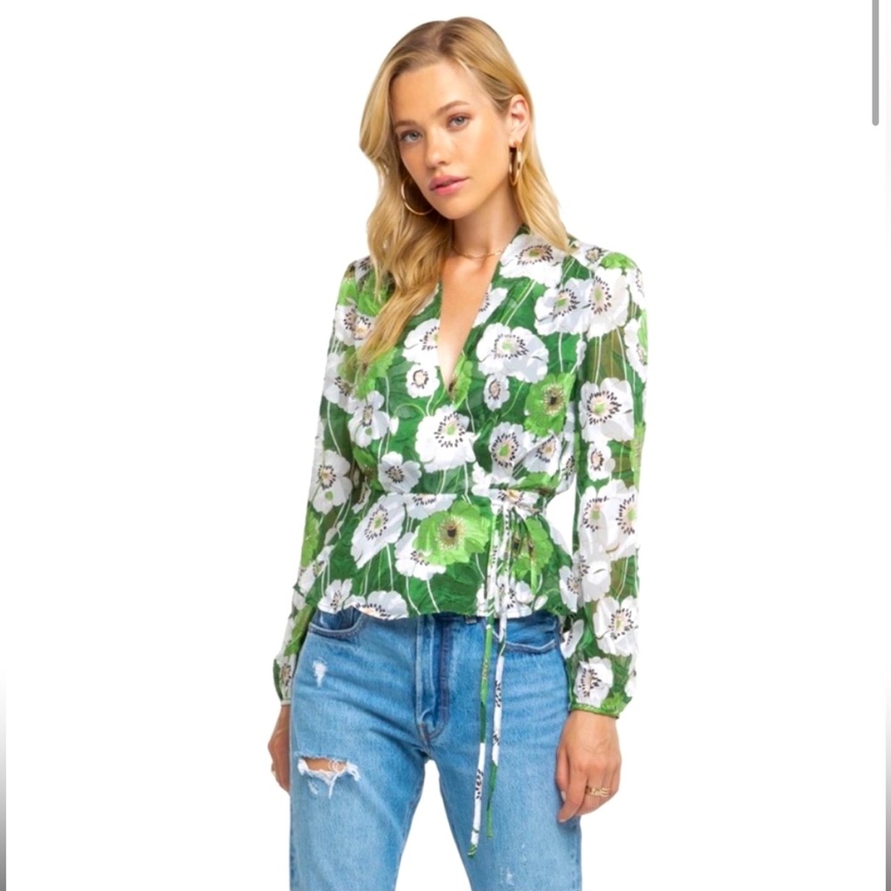 ASTR the Label Gorgeous Green & White Floral Long Sleeve Wrap Tie Blouse Top XS